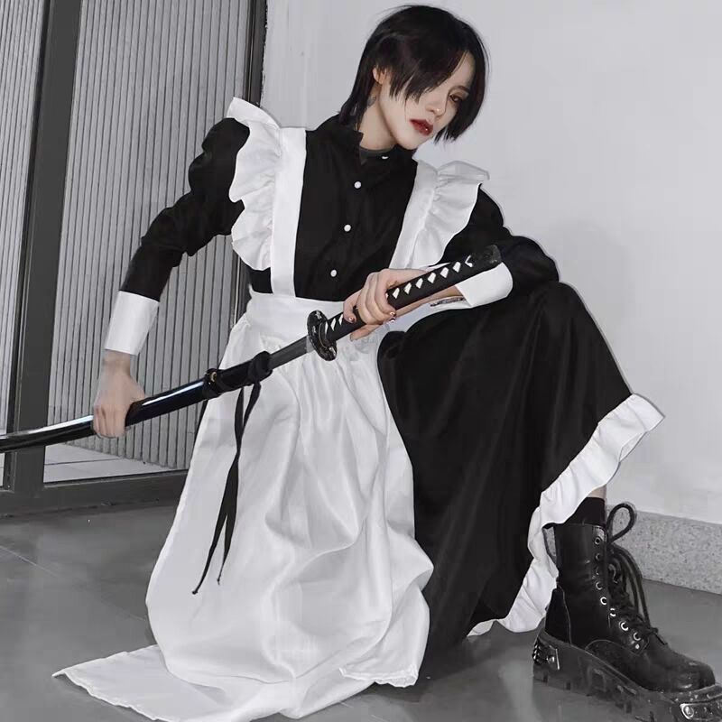 Gothic Maid Outfit Men Women Cosplay Anime Maid Outfit Japanese Lolita Long Dress Black And White