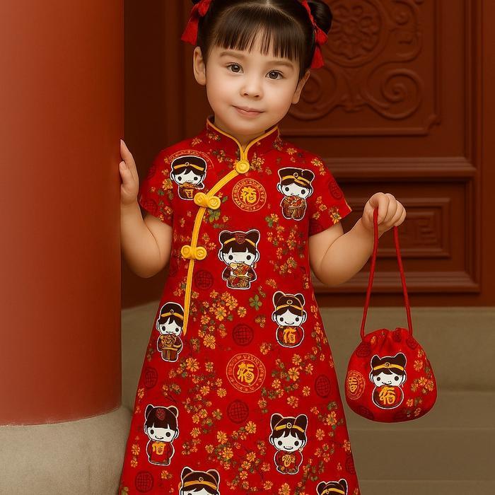 Premium Cheongsam Baju Cina Dress Anak Perempuan Model Lurus Cantik Motif - Fashion Original