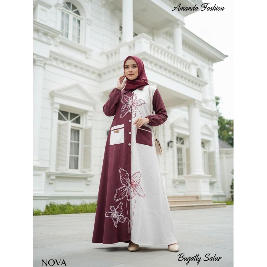 Gamis Amanda Nova Bahan Bugatti Salur Bordir Bunga ( Free Goodie Bag & Pouch) Terbaru