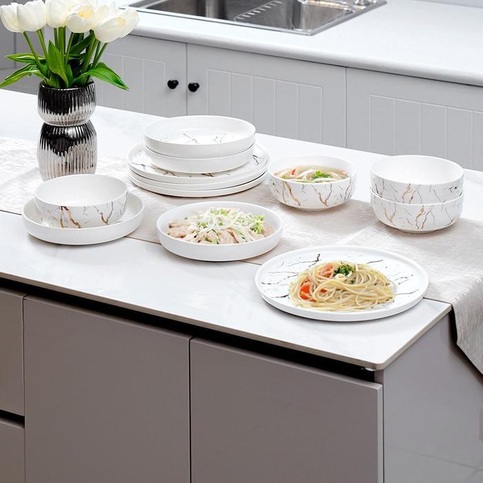 JMP Appetite Set 12 Pcs Allen Perlengkapan Makan Marble - Putih Peralatan Makan Piring Mangkok