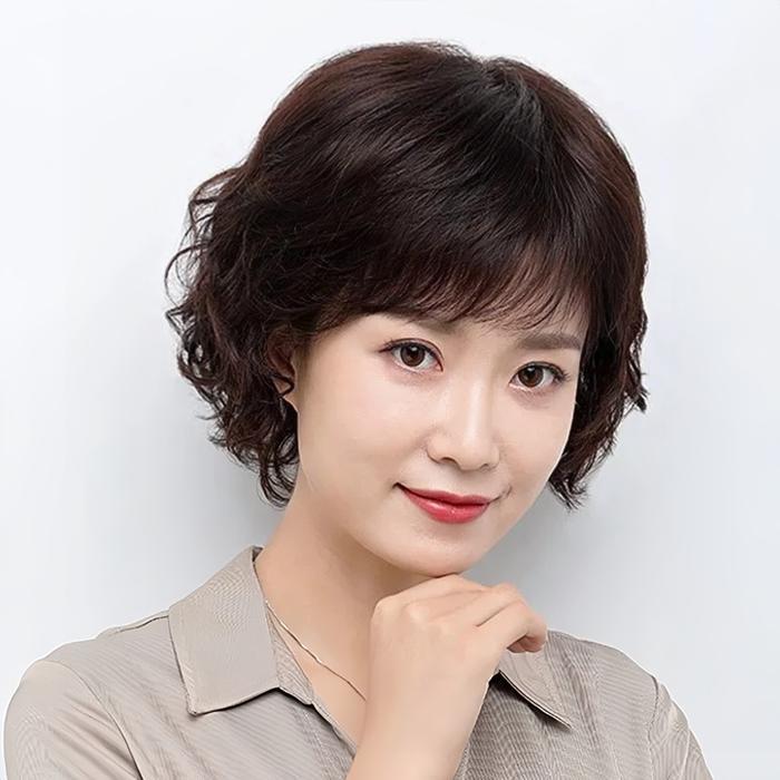 SALE Wig Ibu Realistis,Wig Rambut Pendek Wanita, Wig Kepala Penuh, Rambut Keriting, Sisi Poni Halus