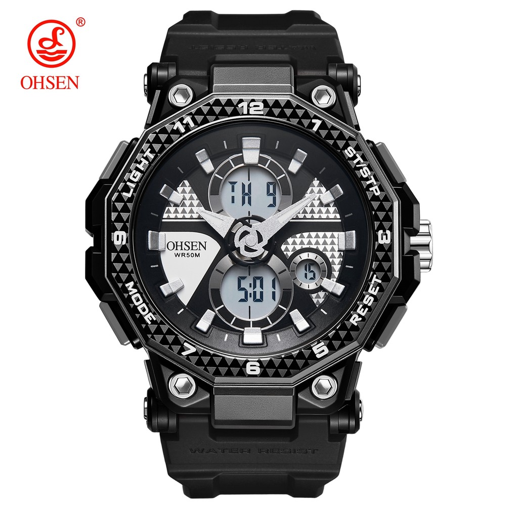 OHSEN Sport Watch Black Electronic Military Wristwatch for Men Fashion Dual Time Quartz Watches