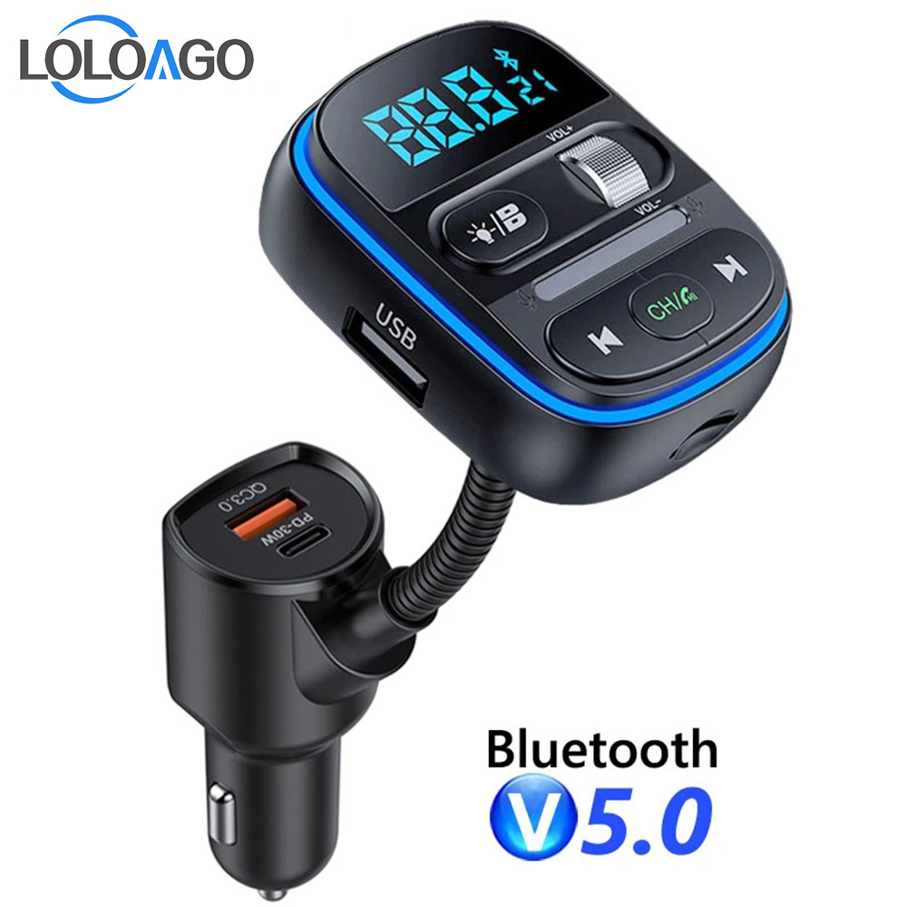 SPECIAL LOLOAGO  FM Transmitter Colorful Light QC3.0 Type C PD 30W Fast Charging Car Mp3 Player Blue