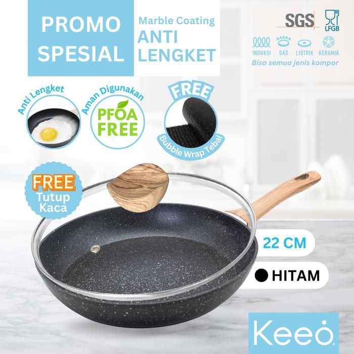 Keeo 22 cm Paket Wajan Teflon Penggorengan dan Tutup Kaca Anti Lengket Marble Granit