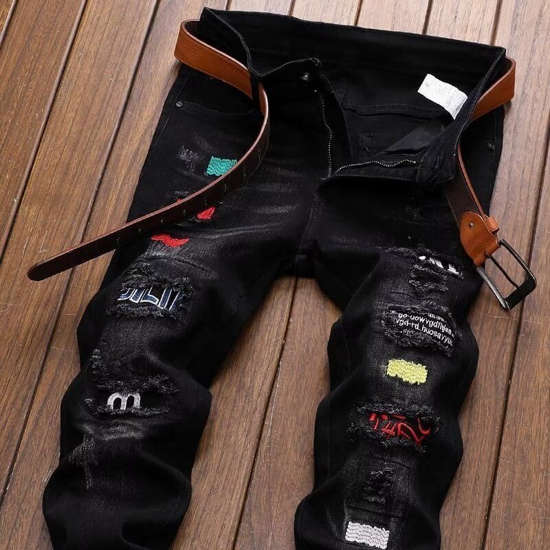 Korean Fashion Streetwear Brand Ripped Jeans Summer Slim-fit Printed Pants Casual Elastic Black
