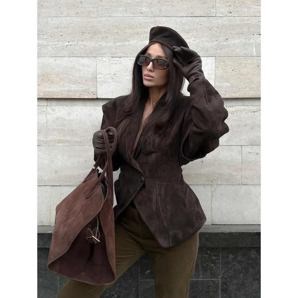 Women Brown Shoulder Pad Buckle Lapel Jacket Casual Suede Leather Full Sleeve Single Breasted Coat