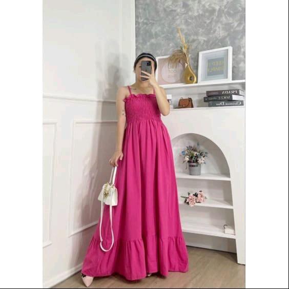 Korean Dress Polos/ Dress Kerut Tali/ Dress Smoke Panjang Rayon Grade A Cantik Casual