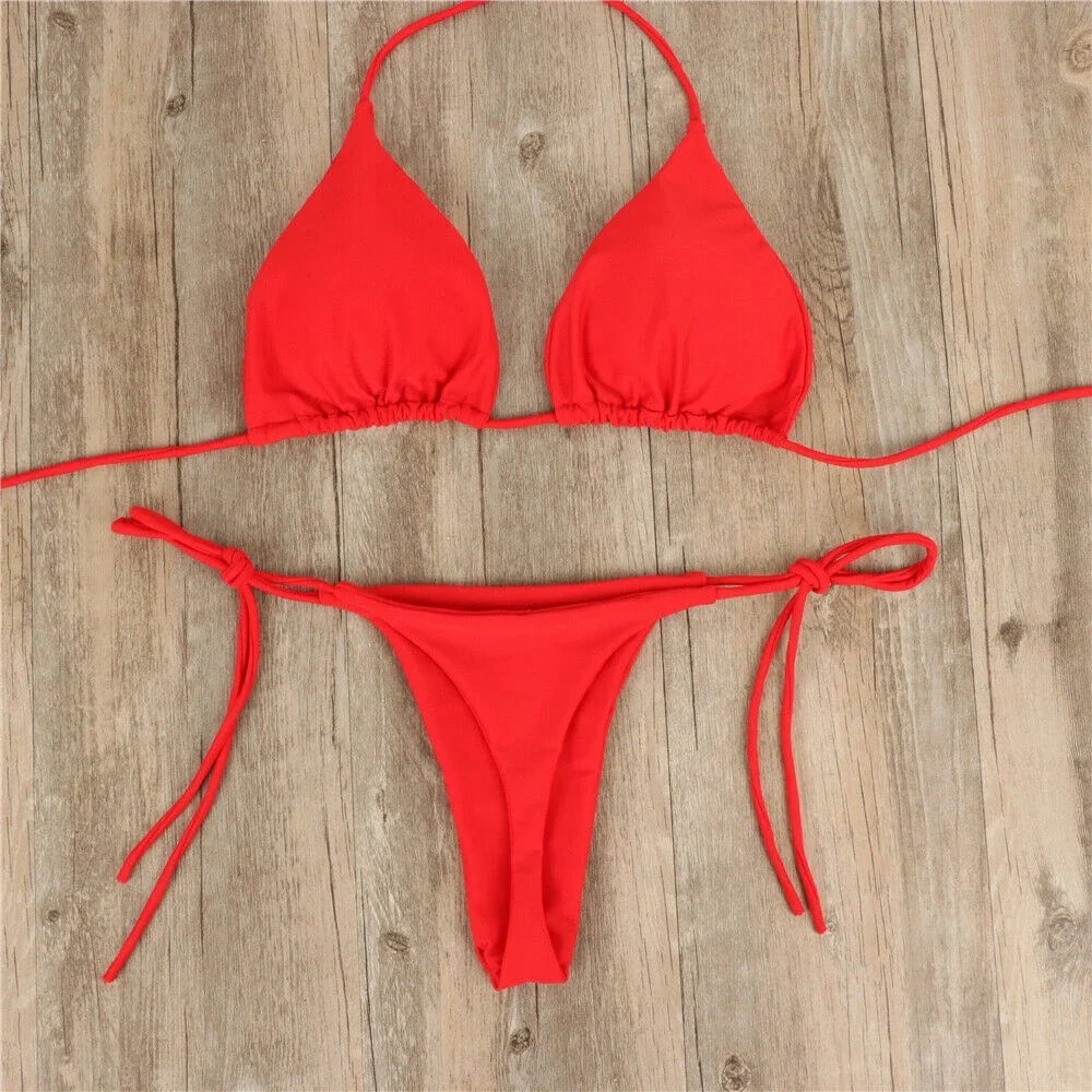 Womens Ultra Thin Thong Elastic Thong Seamless Bikini Set Side Tie Sexy Solid Color Swimsuit Bandage