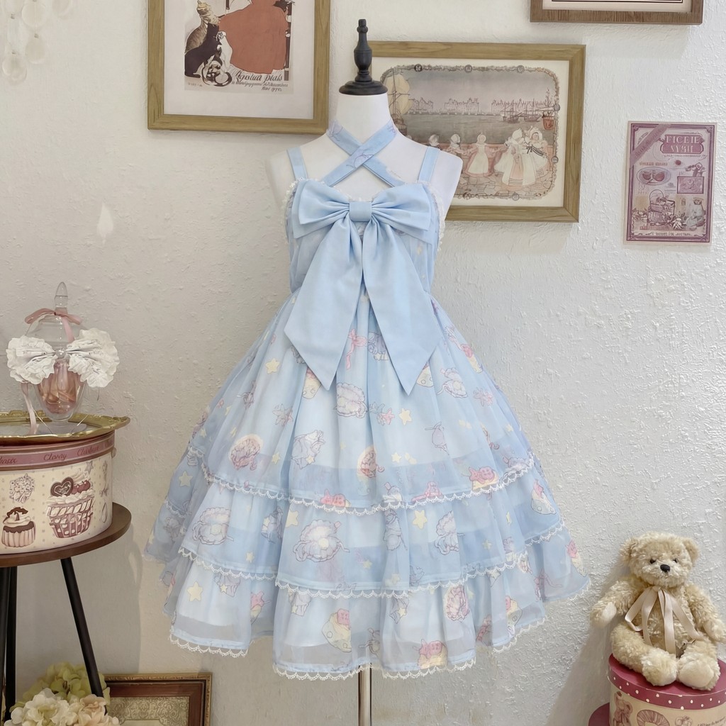 Summer Kawaii Sweet Lolita Dress Women Fashion Pretty Print Off Shoulder Bow Dresses Female Design