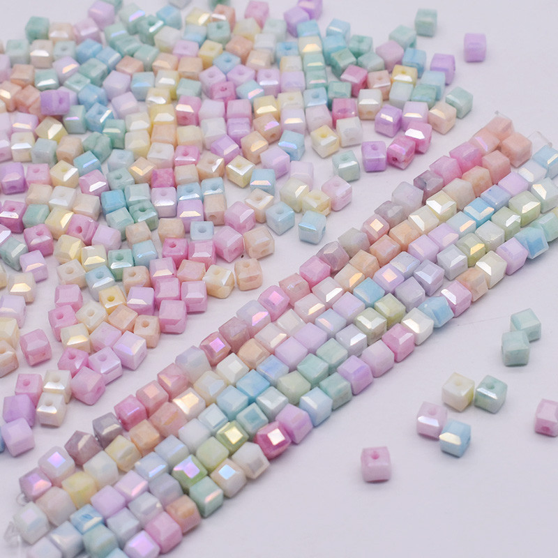 4mm Water Stained Ice Cracks Faceted Crystal Glass Beads Macaron Color Cube Charm Square Glass Beads