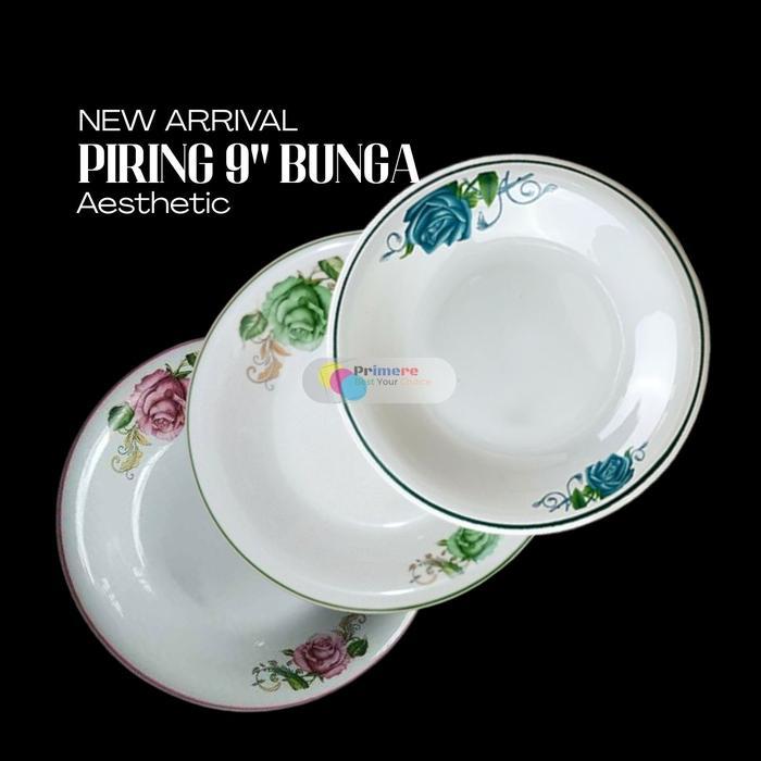 Piring Makan Keramik 1 Lusin Isi 12 pcs 9 Inch Motif Bunga Estetik Packing Palet