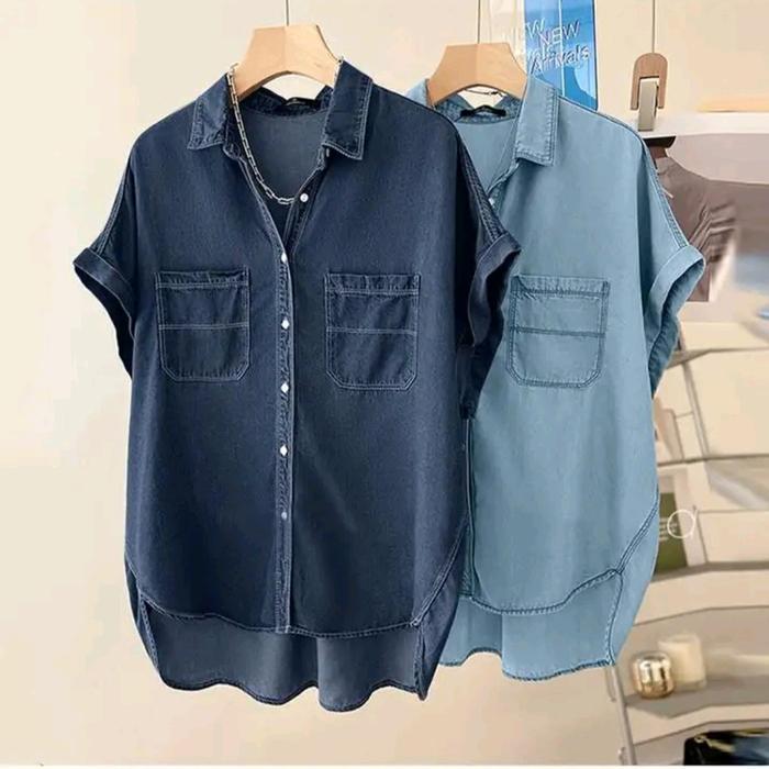 KEMEJA JEANS ATASAN WANITA / BLOUSE JEANS ATASAN WANITA LENGAN PENDEK