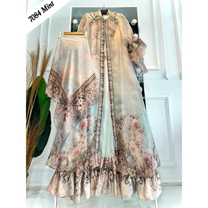 Aurakay GAMIS SARIMBIT ZUMAROH SET HIJAB 7084 ORI Bahan Inner Silk Sutra Premium Outer Silk Organza 