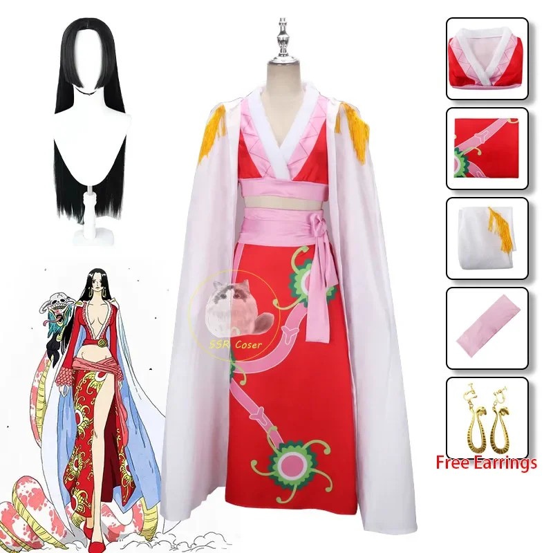 Anime Boa Hancock Cosplay Costumes Empire Red Kimono Dress Uniform Boa Hancock Wig Earrings