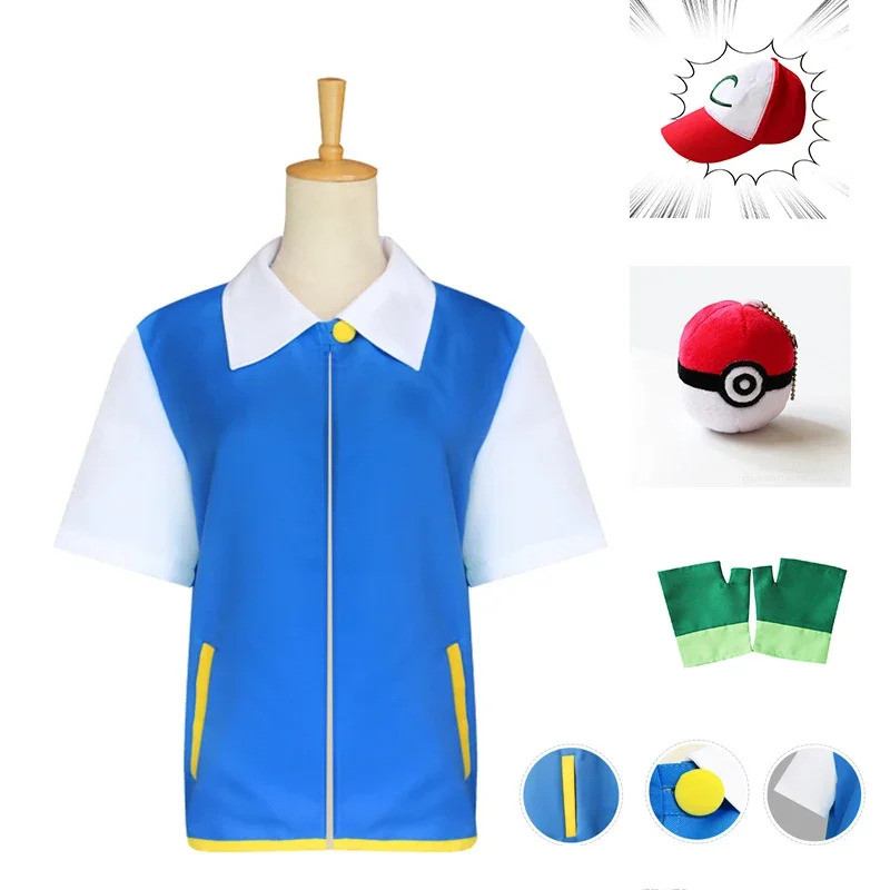 Jh12 Ash Ketchpoke Kids Cosplay Costumes Blue Jacket Gloves Hat Adult Child Gifts Halloween Costume