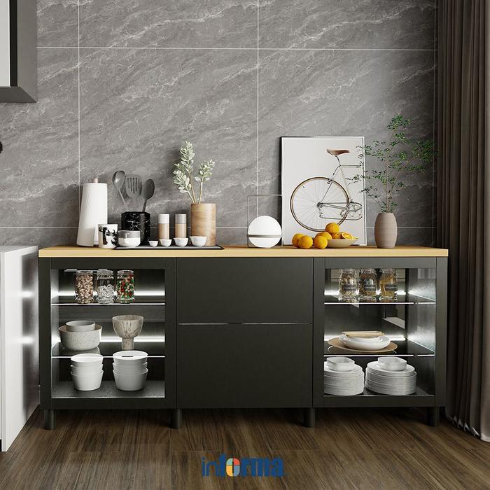 Informa Dahlia Kabinet 2 Pintu Dengan 2 Laci - Hitam Bufet Dapur Kabinet Tempat Piring Rak Dapur Lem