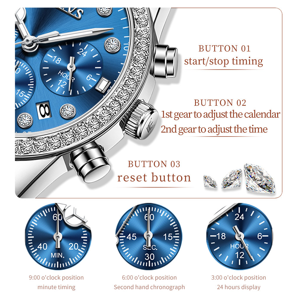 OLEVS WOMEN'S WATCHES FASHION ORIGINAL CHRONOGRAPH QUARTZ WATCH STAINLESS STEEL STRAP LADIES WATCH