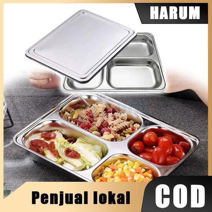 Tray Stainless 4 Sekat Tutup Food Tray Catering Baki 304 Piring Tempat Makan Kantin Bento Box