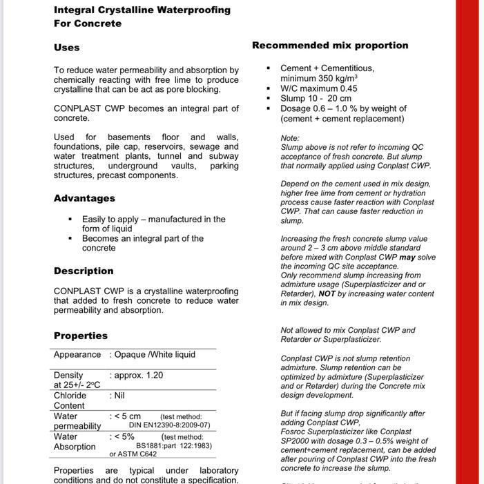 Waterproofing Integral / Crystalline / Conplast CWP ex Fosroc