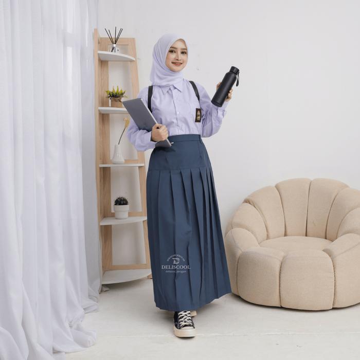 Deliscool Baping Rok sekolah rempel pliskit pinggul panjang abu SMA coklat Pramuka putih hitam