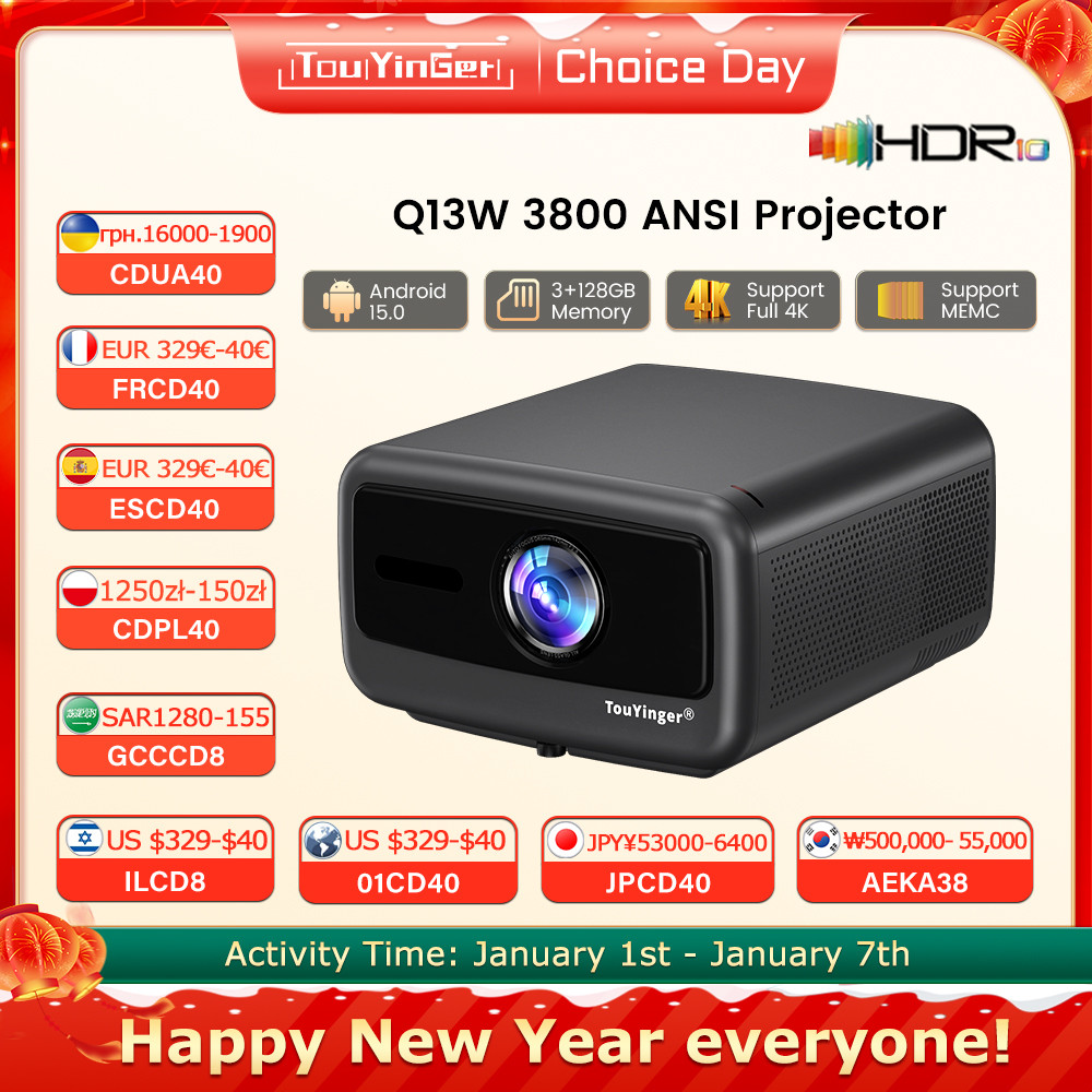 Touyinger Q13W 3800ANSI Full HD 4K Decoder Android 15 Support MEMC Smart TV Home Theater Fully