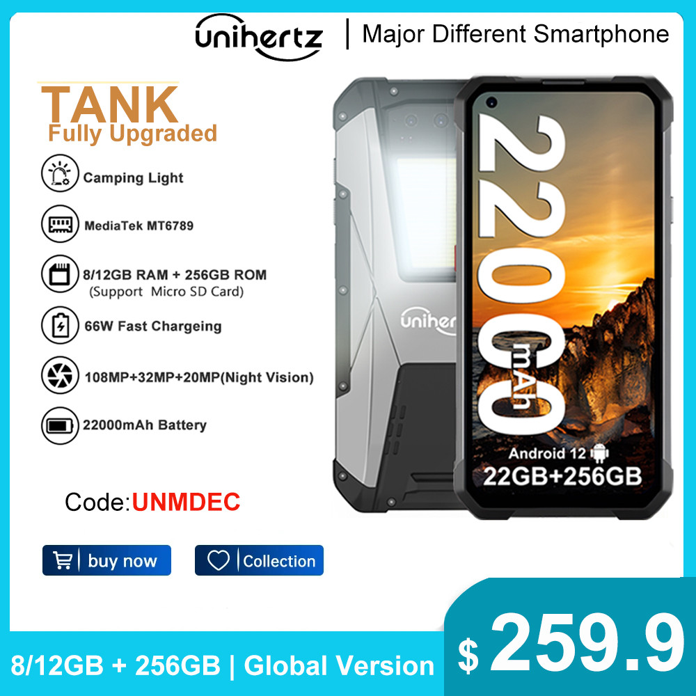 Unihertz TANK Larger Battery Rugged Smartphone 22000mAh Night Vision 108MP G99 12GB 256GB Android 12