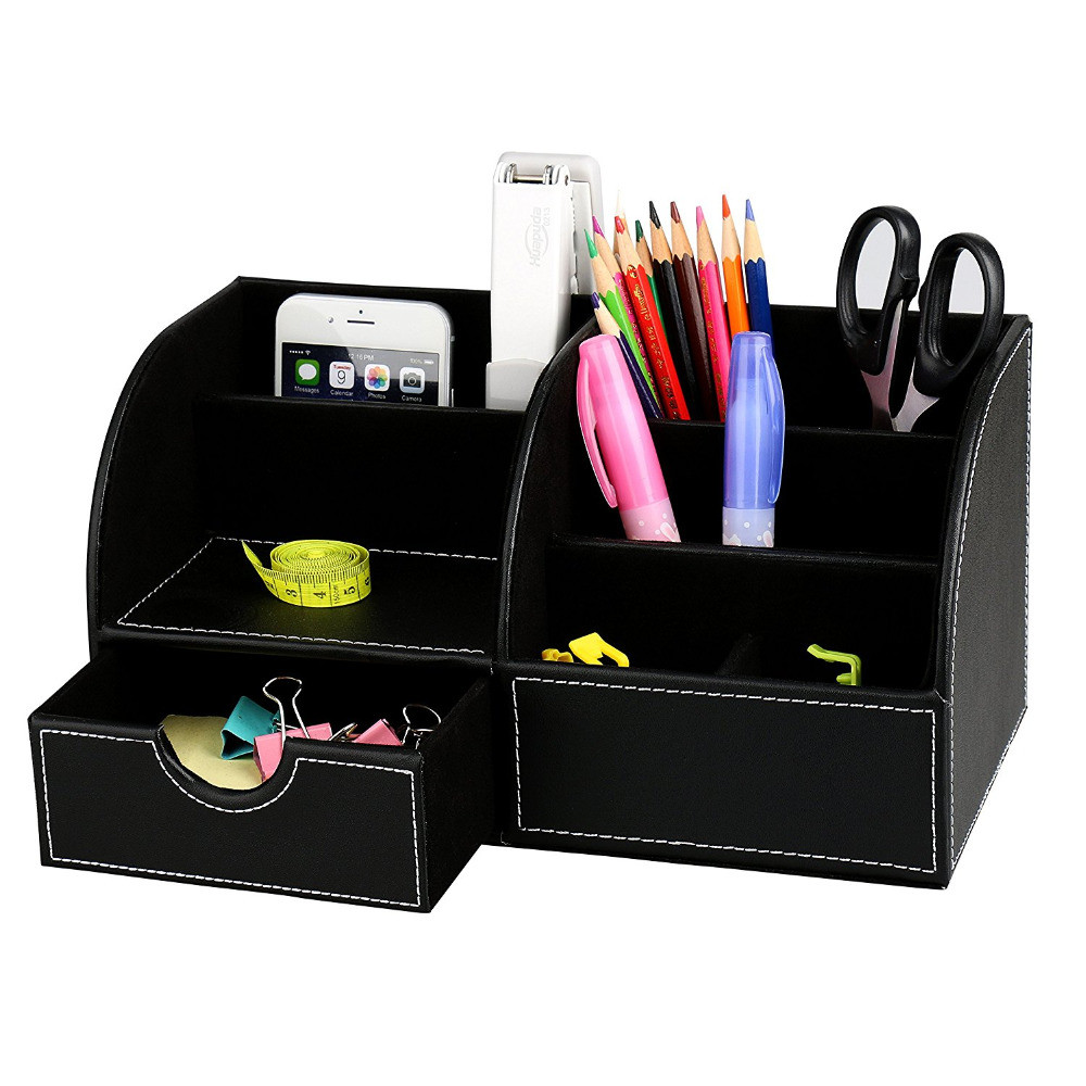 7 Storage Compartment PU Leather Desk Organizer Desktop Organizer Card/Pen/Pencil/Mobile Stationery