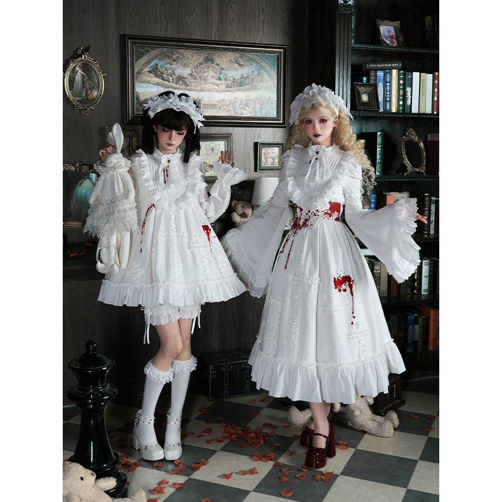 Halloween Cos Lolita Dress Set French Elegant Court Style Retro Long Sleeve OP Lolita Princess White