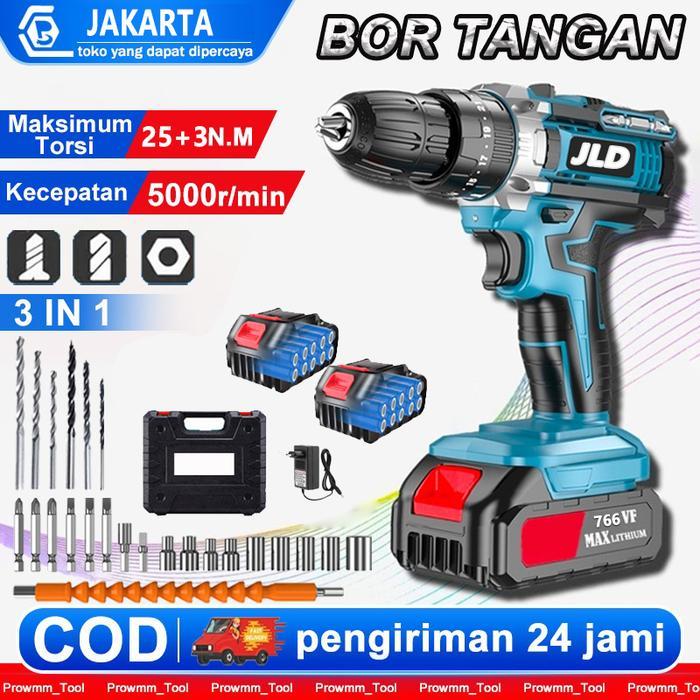 TERLARIS JLD 766V/388V Bor listrik Bor Tangan Tanpa Kabel Driver Bor Mesin bor 2baterai cas