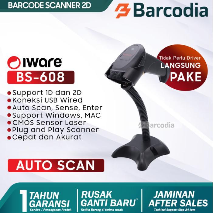 Scanner Barcode 2D QRcode IWARE BS-608 / BS608 USB Wired With Stand