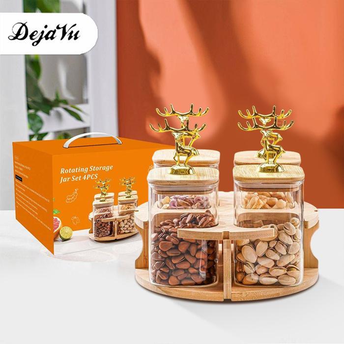 Dejavu Toples Putar Rusa Gold Set 4 Pcs Toples Kue Toples Kaca Penyimpanan Makanan Toples Lebaran