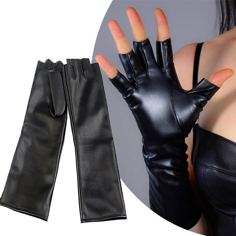 Long Black Leather Fingerless Gloves Women Winter Warm Gloves Mittens Fleece D Gothic Dance Gloves
