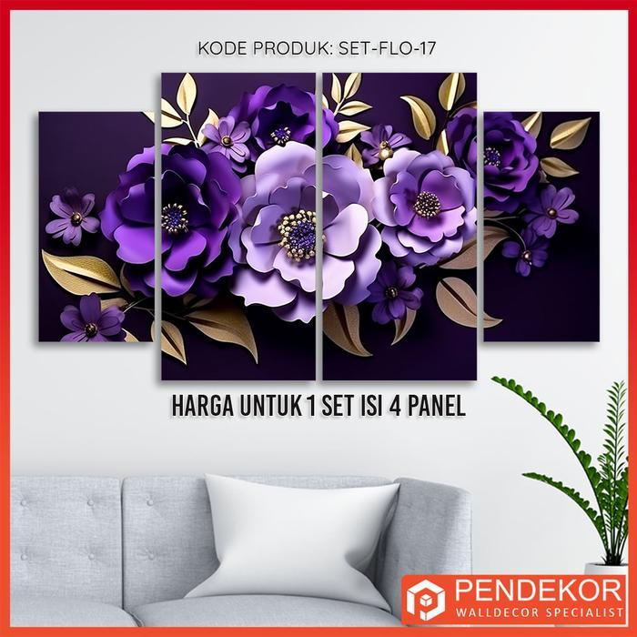 Hiasan Dinding 1 Set Bunga Ungu 3D Elegan 4 Panel Wall Decor Pajangan Kamar Aesthetic Dekorasi Ruang