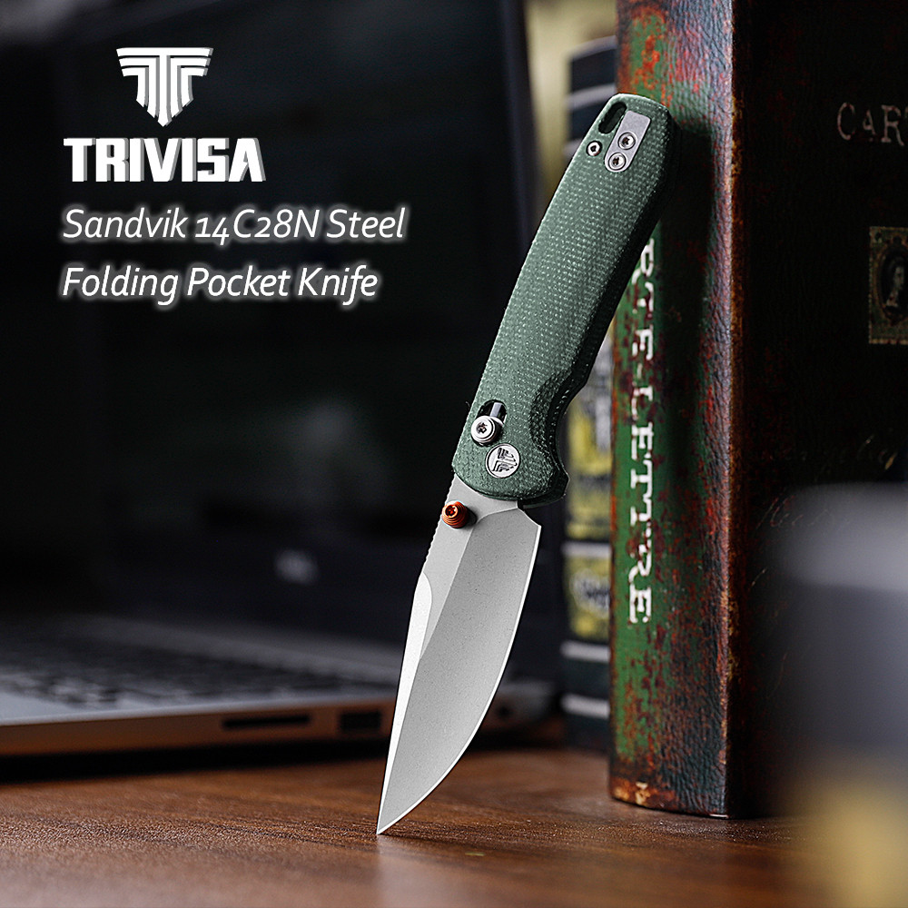 TRIVISA Pocket Folding Knife with Clip for Men 14C28N Blade Micarta Copper Handle Hunting Camping