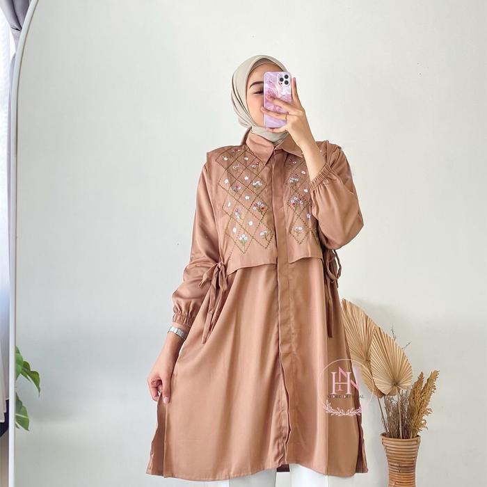 Savia Tunik Panjang Kancing Variasi Bordir Rayon Twill Motif Rompi Tunik Wanita Muslim Pasti Diskon