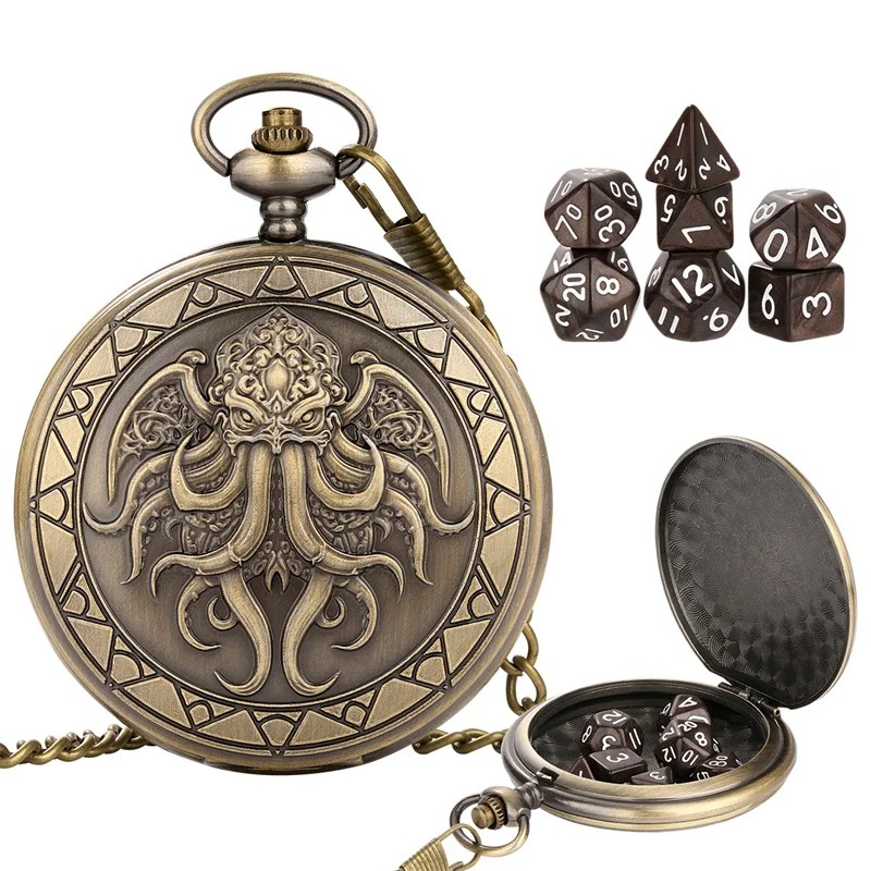 7pcs/set Tiny Size Acrylic Dice with Bronze Winged Cthulhu Pattern Pocket Watch Case Pendant Chain