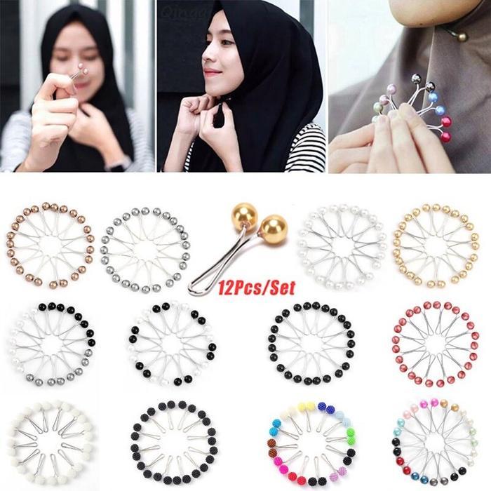 "New" 12Pcs/Set Tuspin Dagu Hijab GROSIR, Klip Jilbab Mutiara Turki Klip Dagu Mutiara