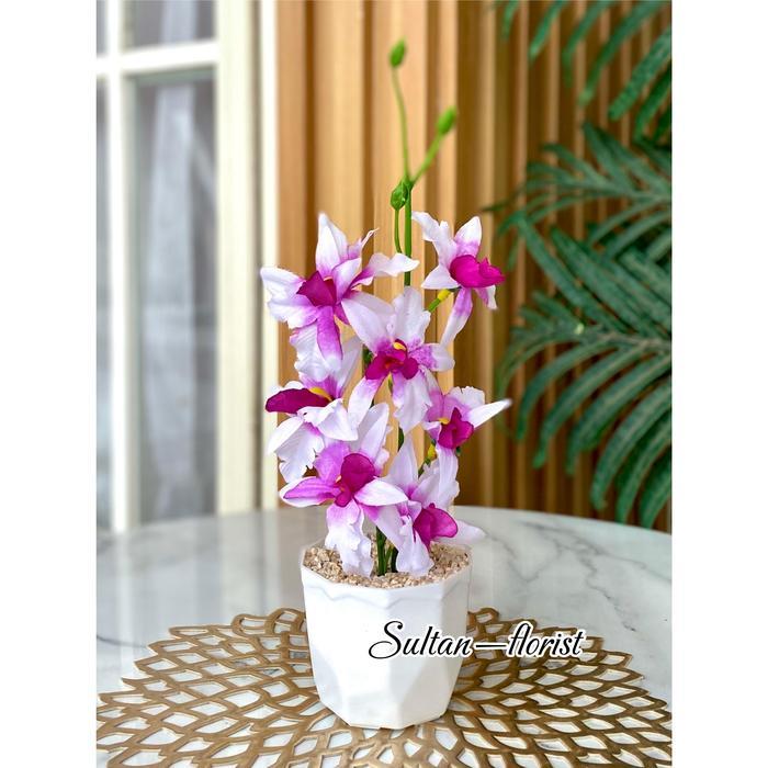 Anggrek Dendro Mini Bunga Plastik dengan Pot Putih Pot Putih