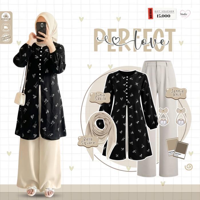 Indah - LAGI VIRAL Ootd One Set Outfit Muslimah ( Bella Square Ivory + Atasan Tunik Sabila Hitam +