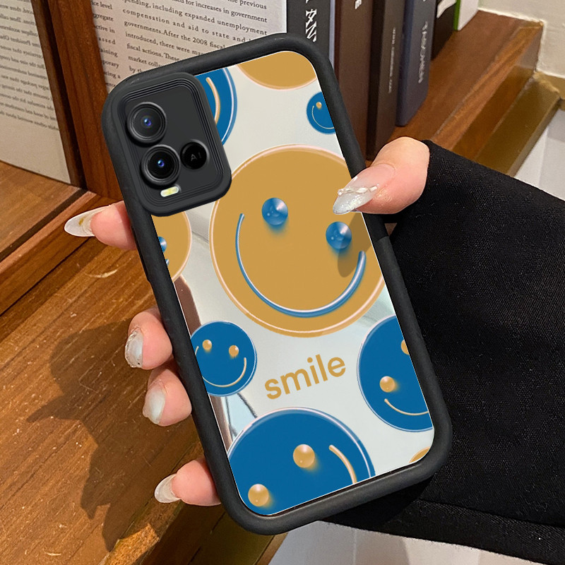 Casing Hp Untuk VIVO Y21 Y21s Y21T Y21E Y21A Y21G Y33T Y33s Case 3D Smile Beads Blue Gold Cermin Kas