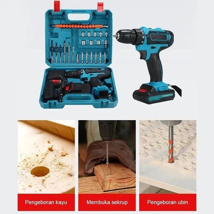 Reaim Mesin Bor Baterai 36Vf Cordless Bor Cas Murah Fullset 2 Baterai Bor Mini Set Lengkap Mata Bor