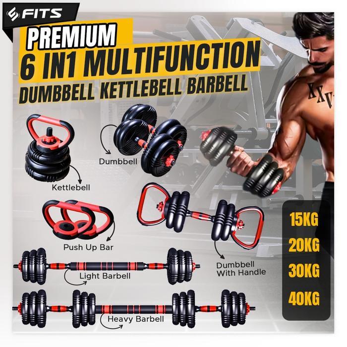 SFIDN FITS 6 IN 1 ADJUSTABLE 15KG DUMBELL BARBEL DUMBBELL BARBELL SET