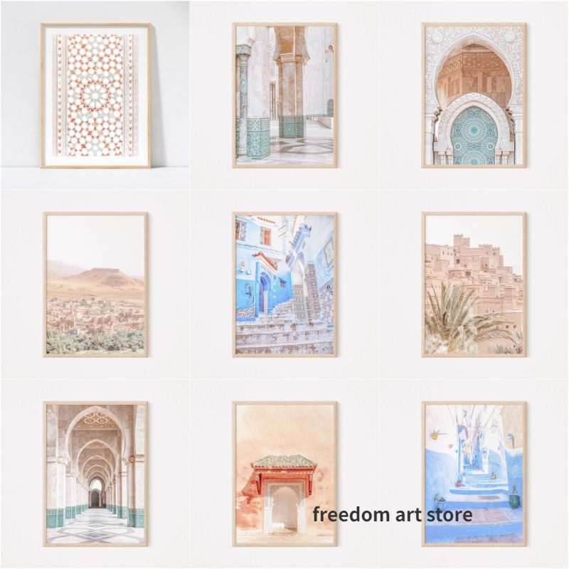 Vintage Moroccan Architecture Islamic Casablanca Mosque Landscape Art Poster Canvas Painting Wall