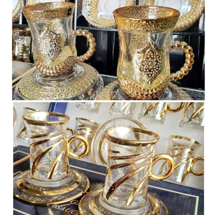 SET CANGKIR + TATAKAN arab kombinasi gold gelas turki CANGKIR TEH arab Tea set bahan kaca isi 6 set