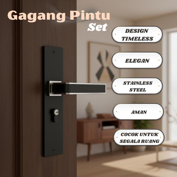 Gagang Pintu Handle Kunci Pintu Set Ukuran 20cm Tanggung Hitam / Pegangan Pintu Kunci Kamar Set