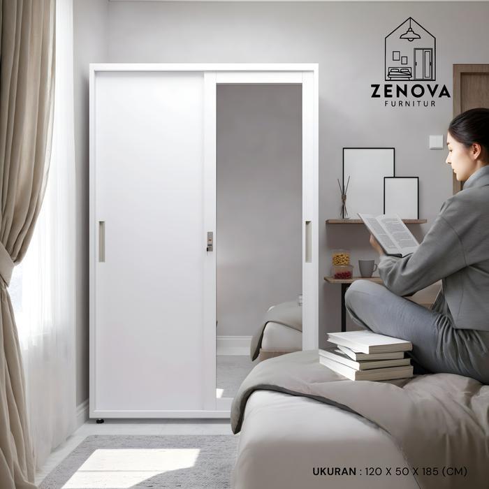 Zenova Lemari Kamar Tidur Besi Sliding 2 Pintu 120Cm - Pintu Geser Cermin Minimalis & Gantungan