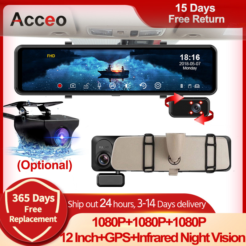 ACCEO 2.5K Dash cam Mirror CAR DVR 12'' 3 Channel Car Video Recorder Support WIFI GPS Night Vision