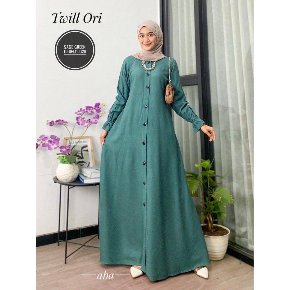 HJKU6854 gamis polos twil ori dress panjang busui tali samping Muslim Twill Kancing Cantik Karet
