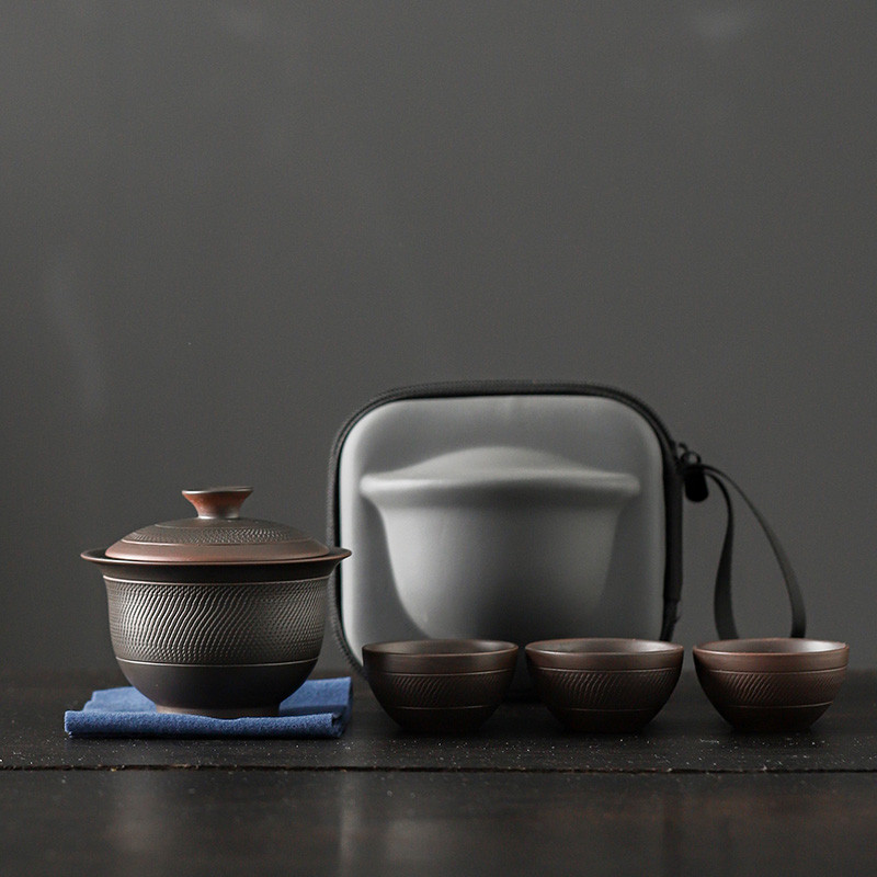 Vintage Purple Pottery Tea Set Outdoor Travel Tea Set Portable Kungfu Tea Set Gaiwan Tea Tureen Tea