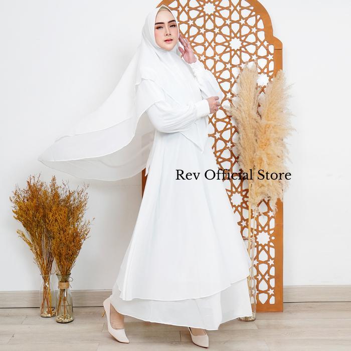 Gamis Rev Set Khimar Wanita Syar'I Busana Haji Dan Umroh Putih Ceruty Mewah